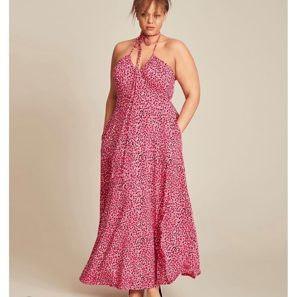 11 Honore Halter Maxi Dress Size 2X Pink Polka Dot Open Back Summer Casual Chic